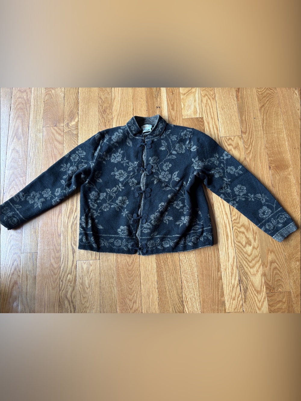 Talbots Black and Gray Floral Knit Button-Front Cardigan
